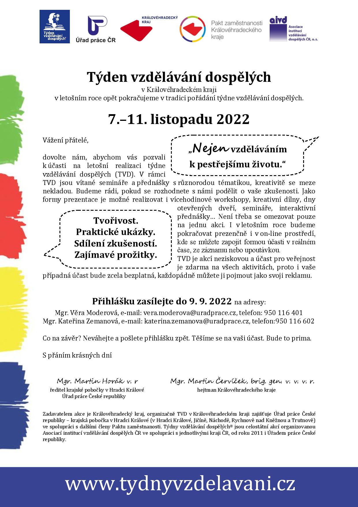 Můžete se již přihlásit, pořádání Týdne vzdělávání dospělých se v Královéhradeckém kraji uskuteční od 7. do 11. listopadu 2022 